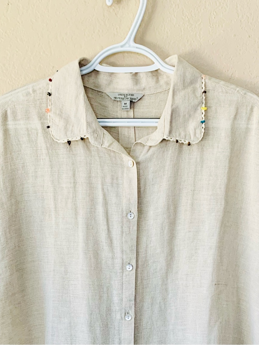 Hester & Orchard Linen Blend Cap Sleeve Beaded Collar Coastal Blouse Size M - Picture 6 of 8